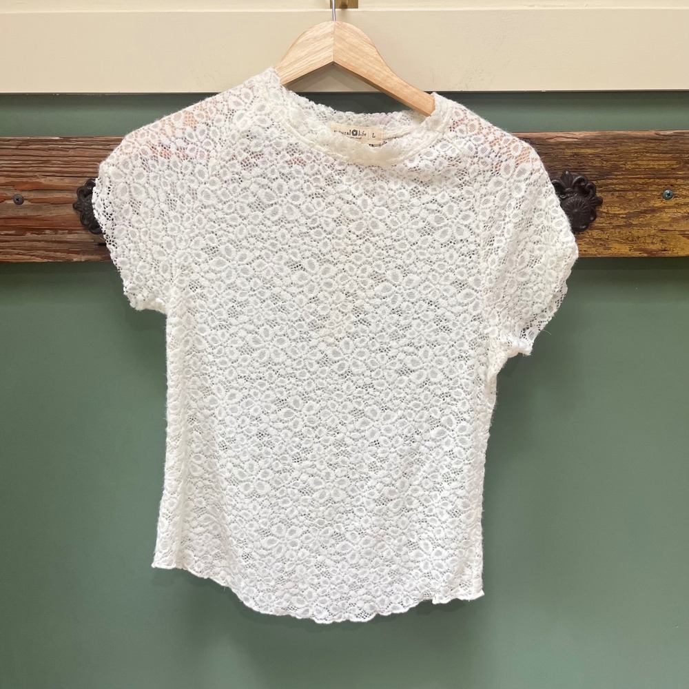 Natural Life Cream Floral Lace Short Sleeve Top Scalloped Hem Size Large